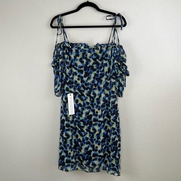 Topshop Frill Bardot Tie Off Shoulder Blue Leopard Animal Mini Dress 14 NWT - Picture 13 of 13